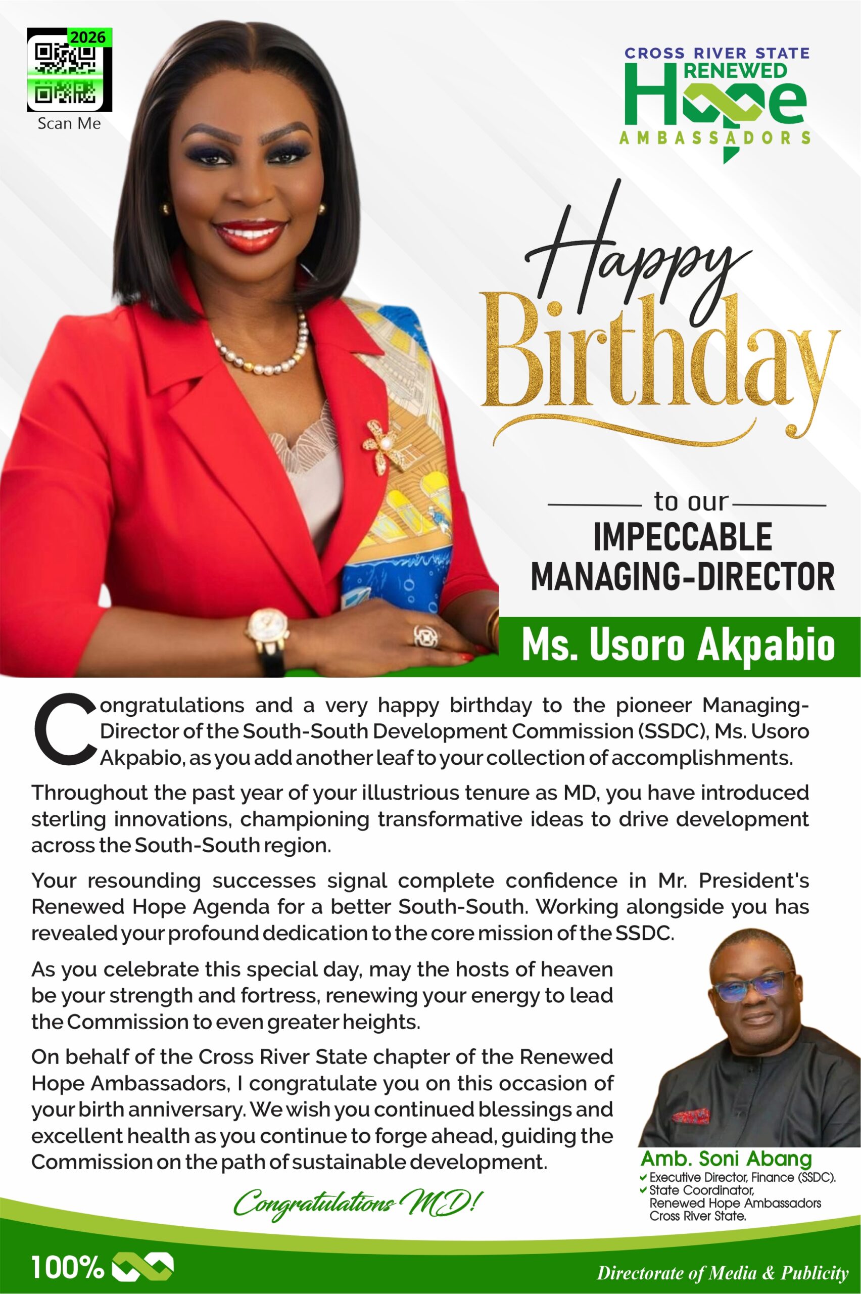 46 Cheers: Amb. Soni Abang Extols SSDC Managing-Director, Ms. Usoro Akpabio on Her Birthday